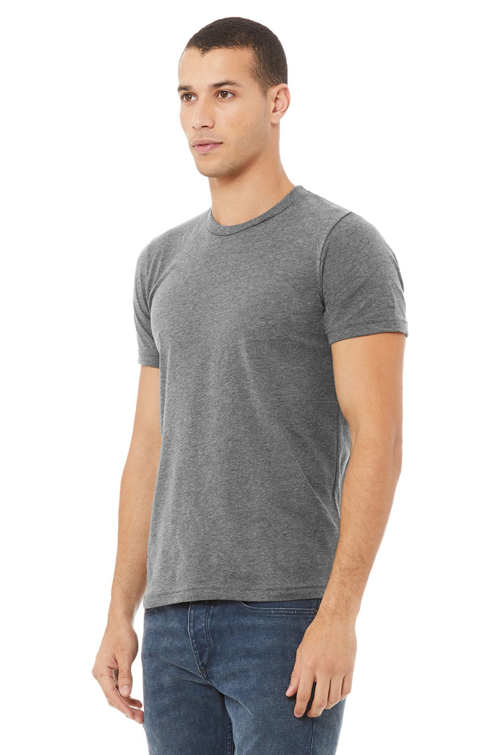 Bella + Canvas BC3001U Mens USA Made Jersey Short Sleeve Crewneck T-Shirt Heather Deep Grey Model 3Q