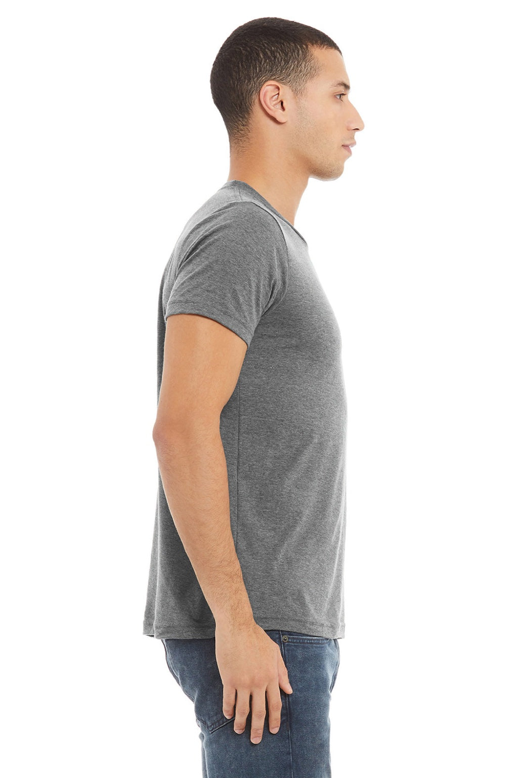Bella + Canvas BC3001U Mens USA Made Jersey Short Sleeve Crewneck T-Shirt Heather Deep Grey Model Side