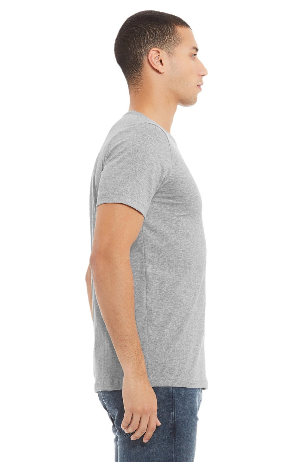 Bella + Canvas BC3001U Mens USA Made Jersey Short Sleeve Crewneck T-Shirt Heather Grey Model Side