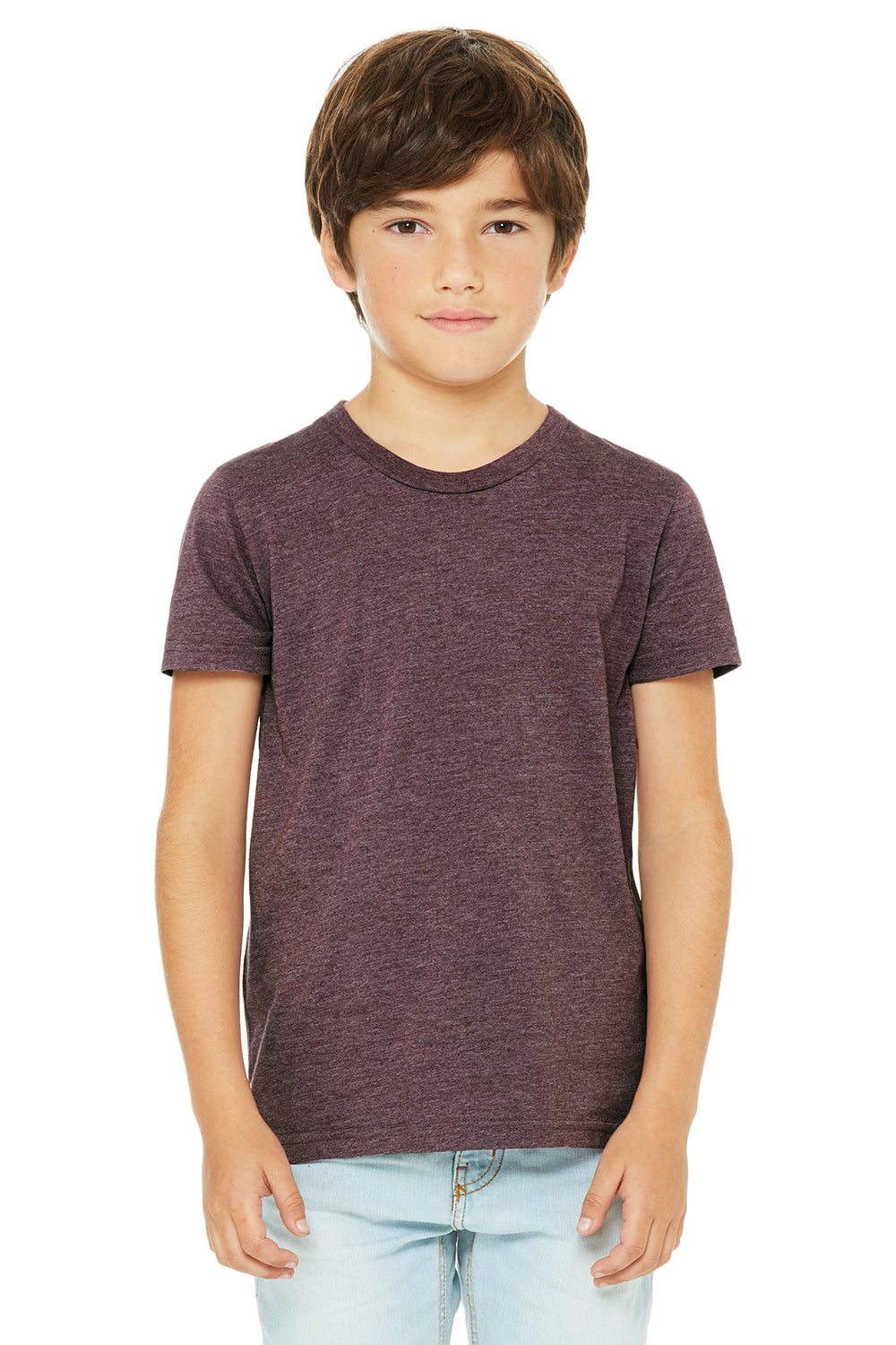Bella + Canvas 3001Y Youth Jersey Short Sleeve Crewneck T-Shirt Heather Maroon Model Front