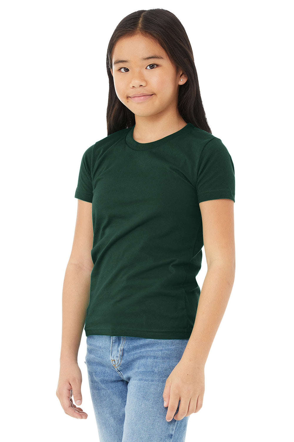 Bella + Canvas 3001Y Youth Jersey Short Sleeve Crewneck T-Shirt Forest Green Model 3Q