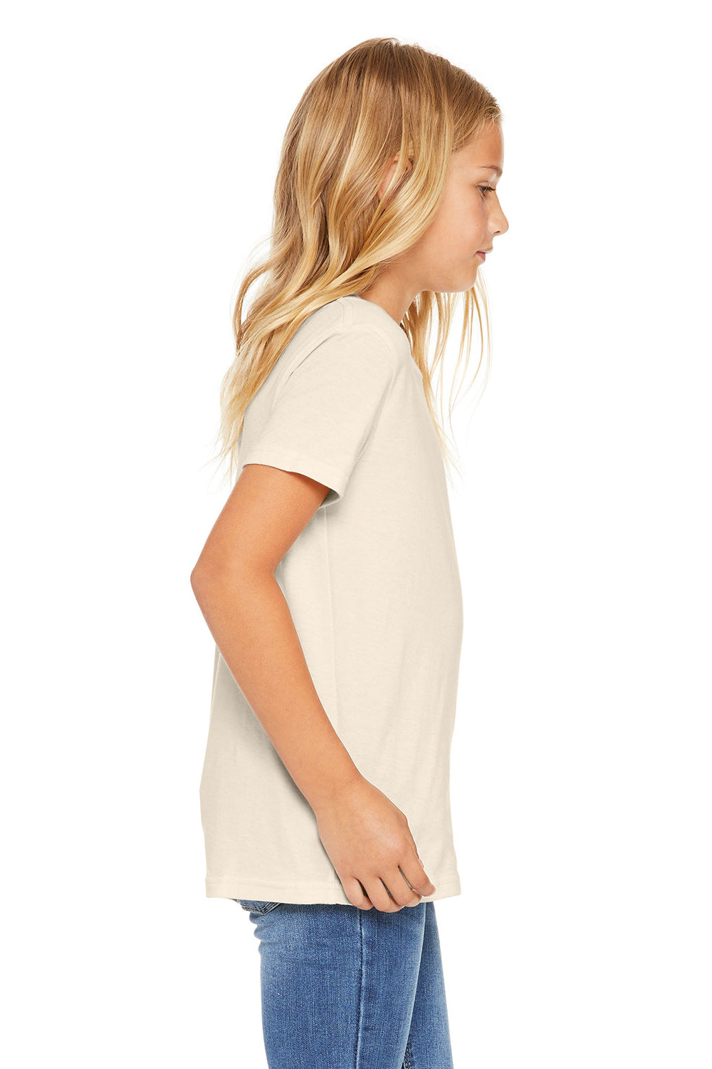 Bella + Canvas 3001Y Youth Jersey Short Sleeve Crewneck T-Shirt Natural Model Side