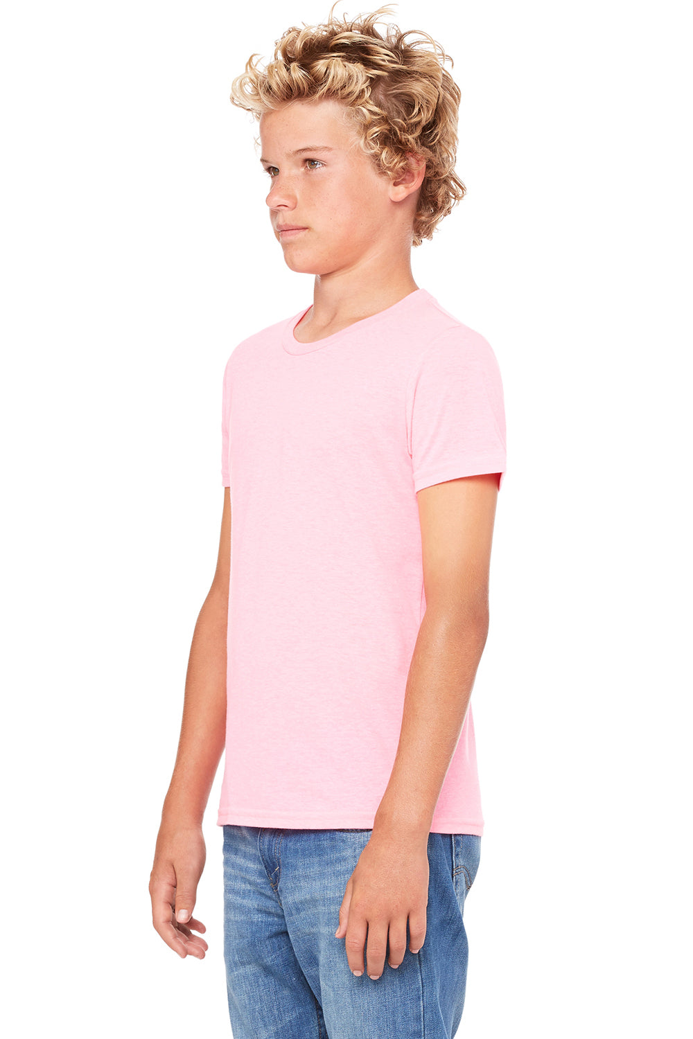 Bella + Canvas 3001Y Youth Jersey Short Sleeve Crewneck T-Shirt Neon Pink Model Side