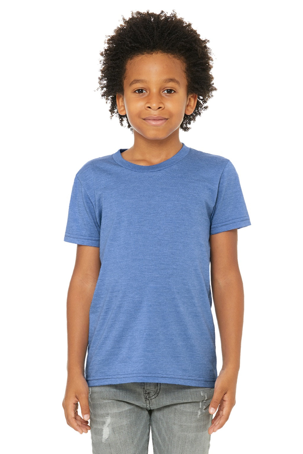 Bella + Canvas BC3001YCVC/3001YCVC Youth Jersey Short Sleeve Crewneck T-Shirt Heather Columbia Blue Model Front