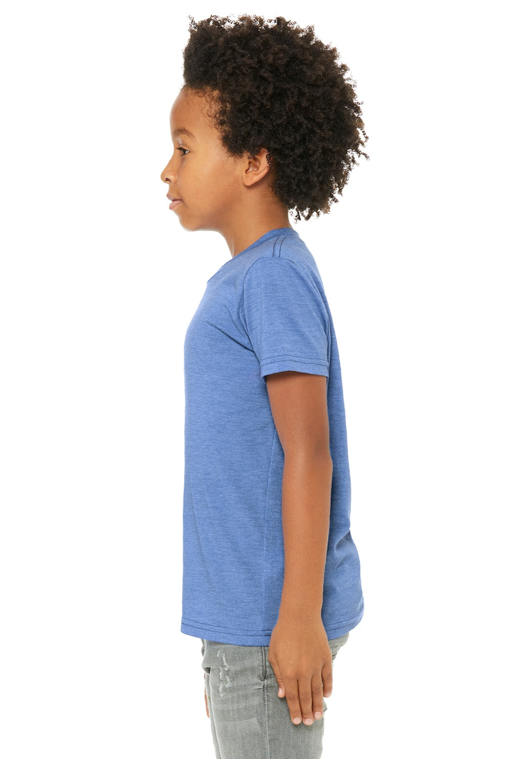 Bella + Canvas BC3001YCVC/3001YCVC Youth Jersey Short Sleeve Crewneck T-Shirt Heather Columbia Blue Model Side