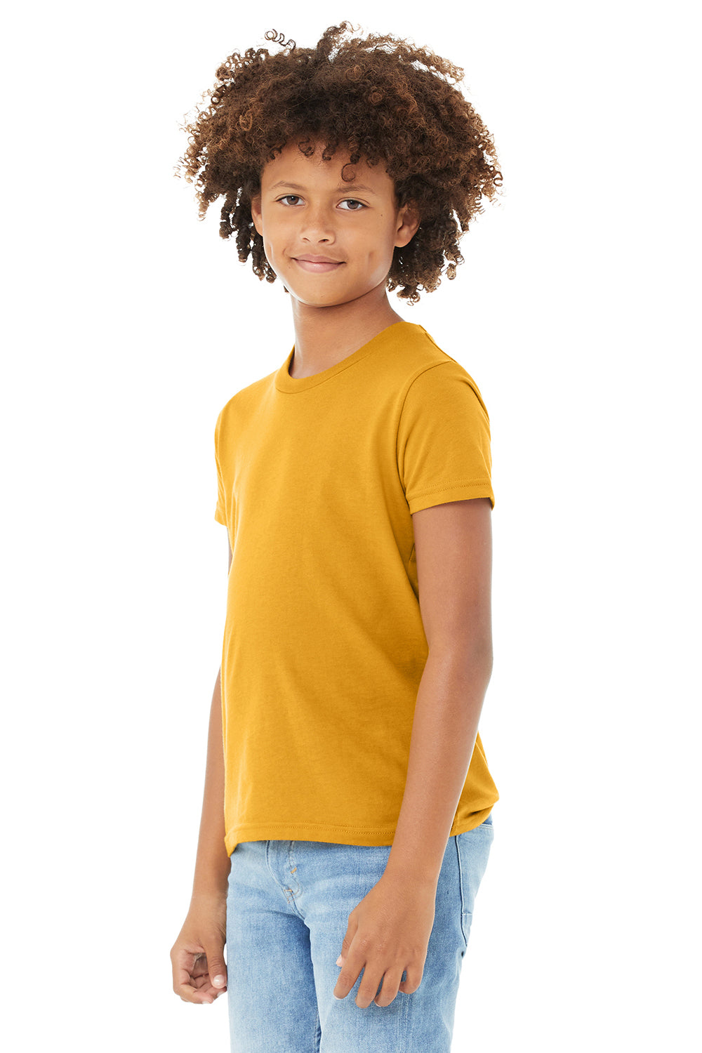Bella + Canvas 3001Y Youth Jersey Short Sleeve Crewneck T-Shirt Mustard Yellow Model 3Q