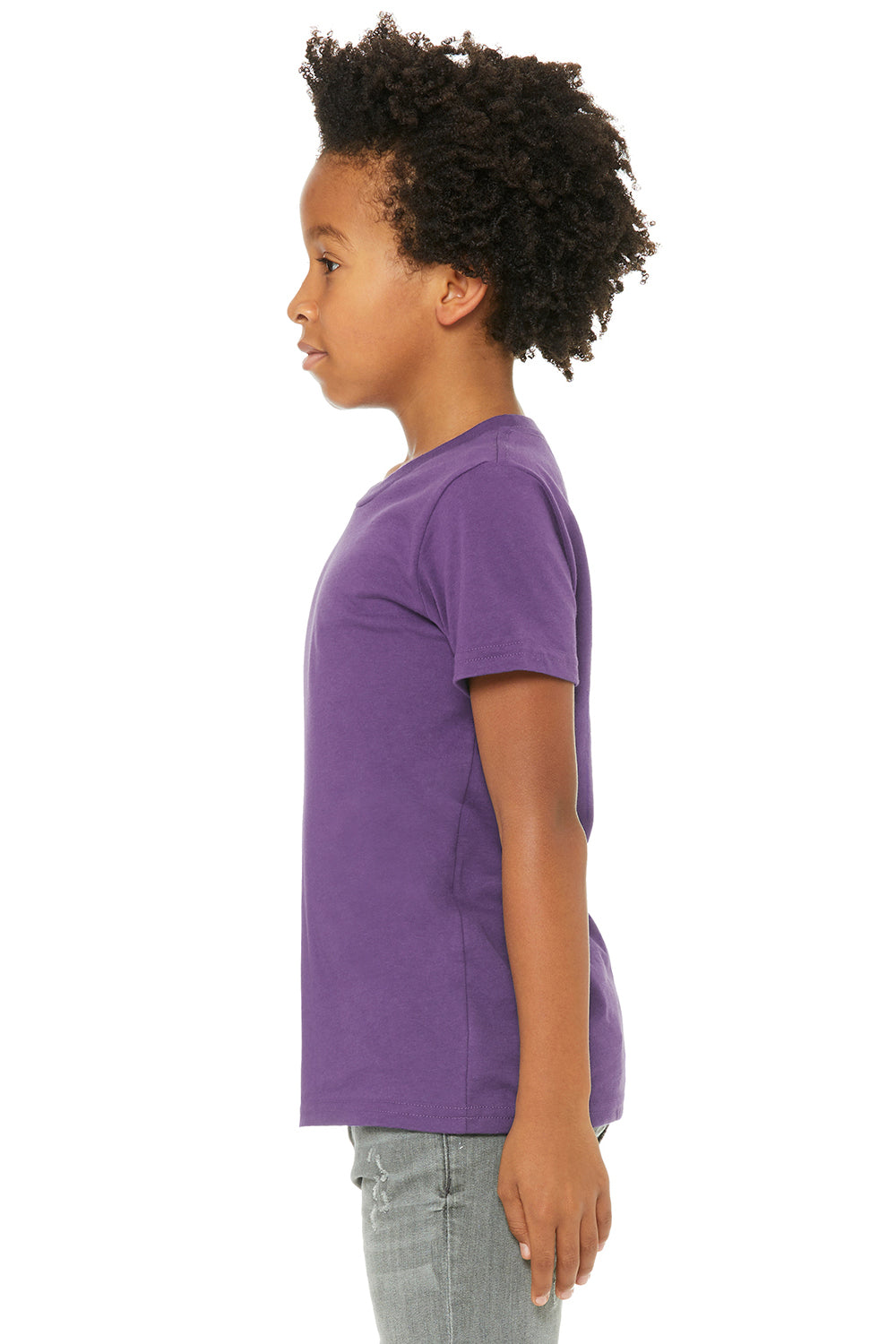 Bella + Canvas 3001Y Youth Jersey Short Sleeve Crewneck T-Shirt Royal Purple Model Side