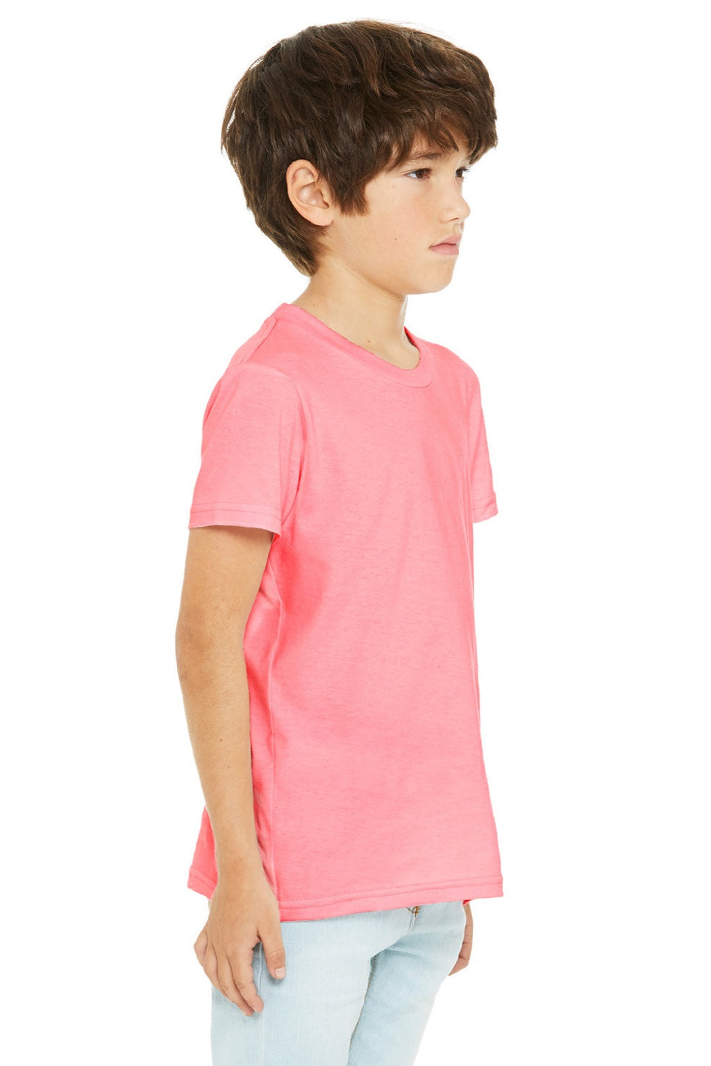Bella + Canvas BC3001YCVC/3001YCVC Youth Jersey Short Sleeve Crewneck T-Shirt Neon Pink Model Side