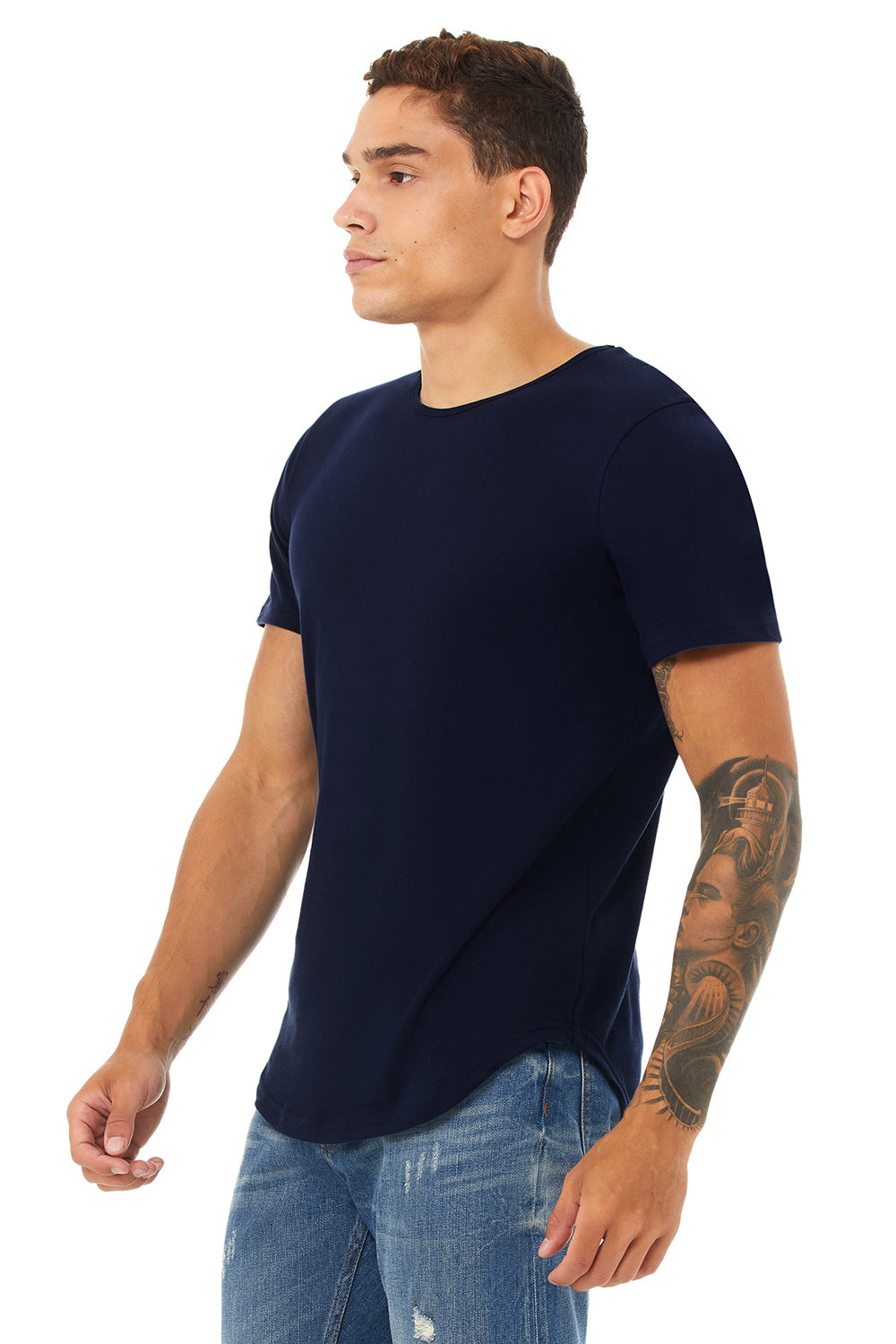 Bella + Canvas 3003C Mens Curved Hem Short Sleeve Crewneck T-Shirt Navy Blue Model 3Q