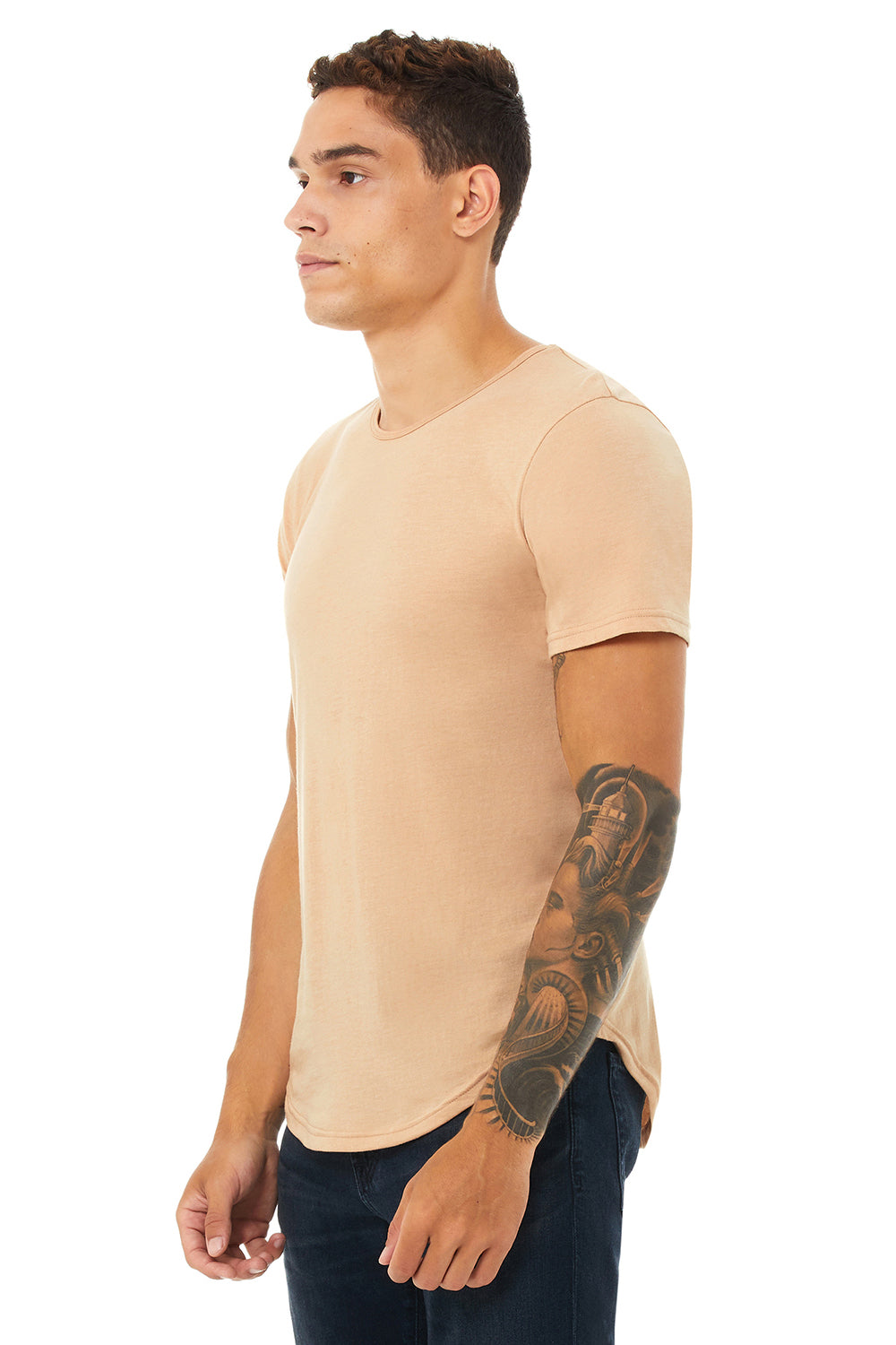 Bella + Canvas 3003C Mens Curved Hem Short Sleeve Crewneck T-Shirt Heather Sand Dune Model 3Q