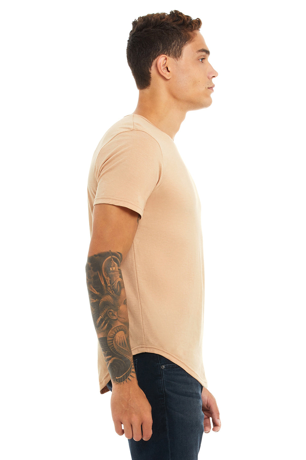 Bella + Canvas 3003C Mens Curved Hem Short Sleeve Crewneck T-Shirt Heather Sand Dune Model Side