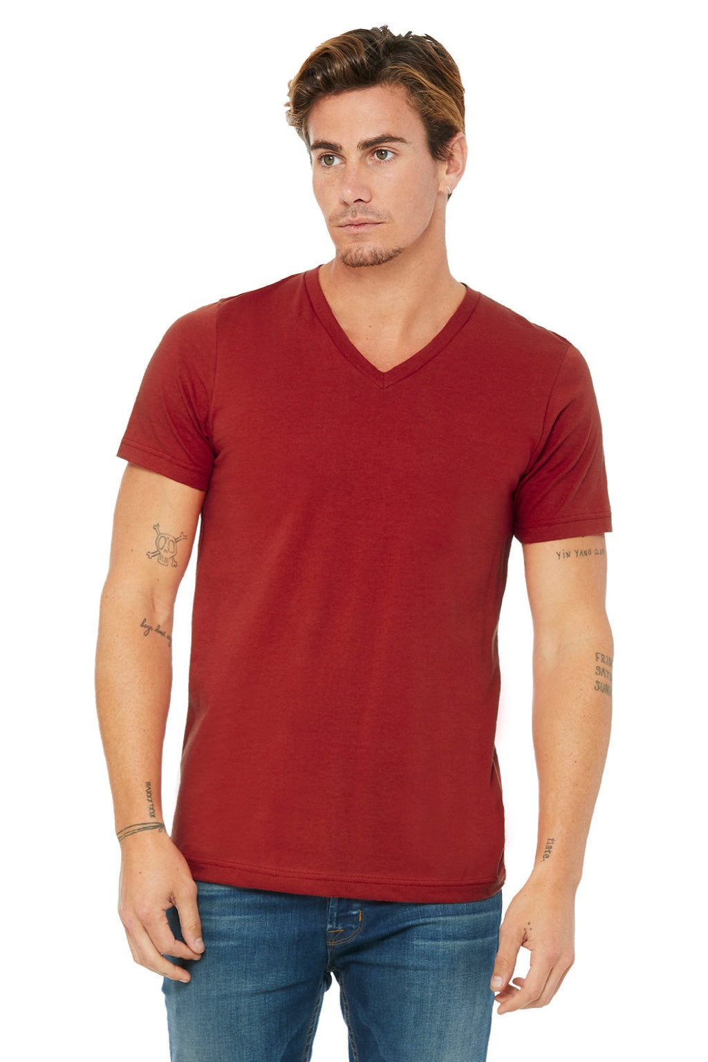 Bella + Canvas BC3005/3005 Mens Jersey Short Sleeve V-Neck T-Shirt Canvas Red Model Front