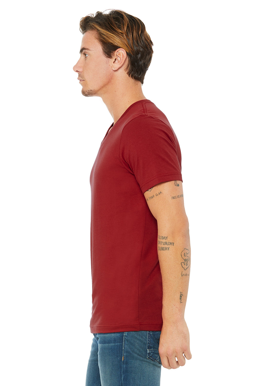 Bella + Canvas BC3005/3005/3655C Mens Jersey Short Sleeve V-Neck T-Shirt Canvas Red Model Side