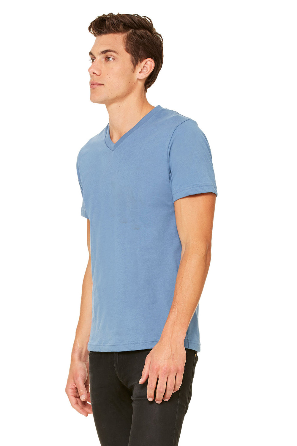 Bella + Canvas BC3005/3005/3655C Mens Jersey Short Sleeve V-Neck T-Shirt Steel Blue Model Side