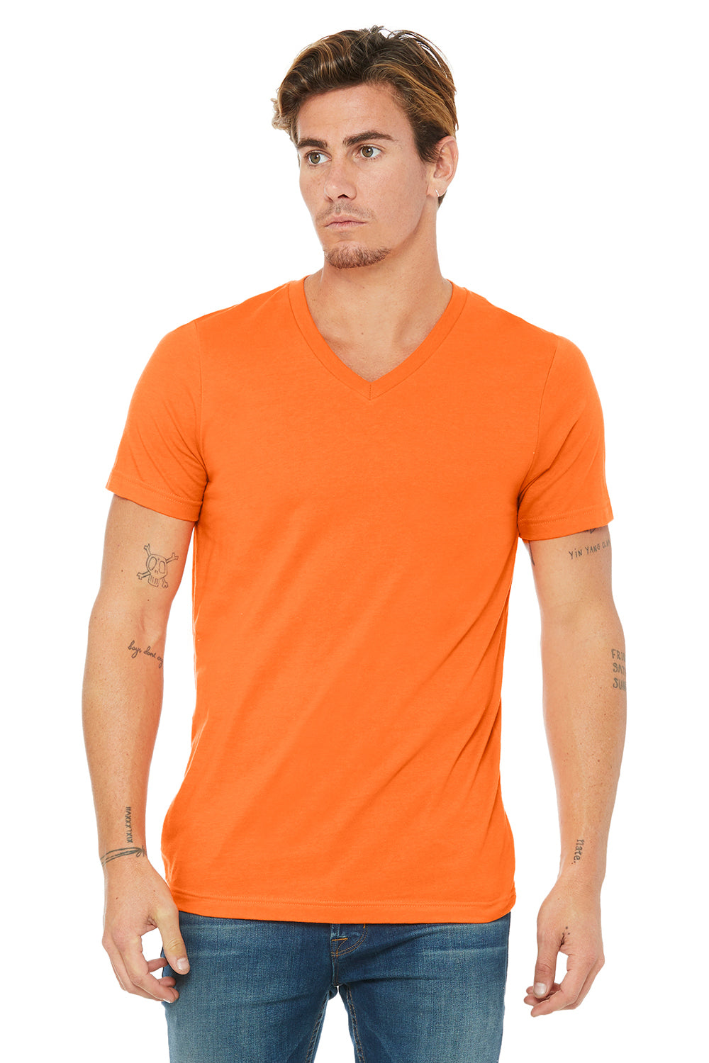 Bella + Canvas BC3005/3005/3655C Mens Jersey Short Sleeve V-Neck T-Shirt Orange Model Front