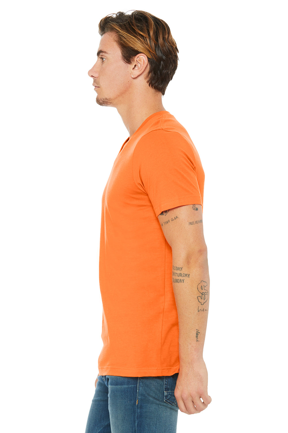 Bella + Canvas BC3005/3005/3655C Mens Jersey Short Sleeve V-Neck T-Shirt Orange Model Side