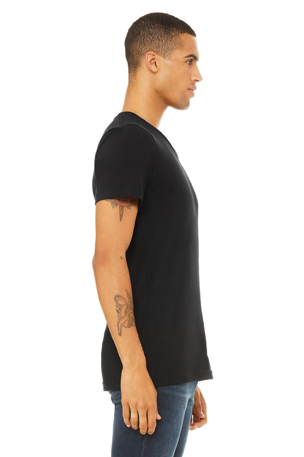 Bella + Canvas BC3005/3005 Mens Jersey Short Sleeve V-Neck T-Shirt Black Model Side