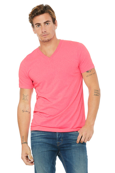 Bella + Canvas BC3005/3005/3655C Mens Jersey Short Sleeve V-Neck T-Shirt Neon Pink Model Front