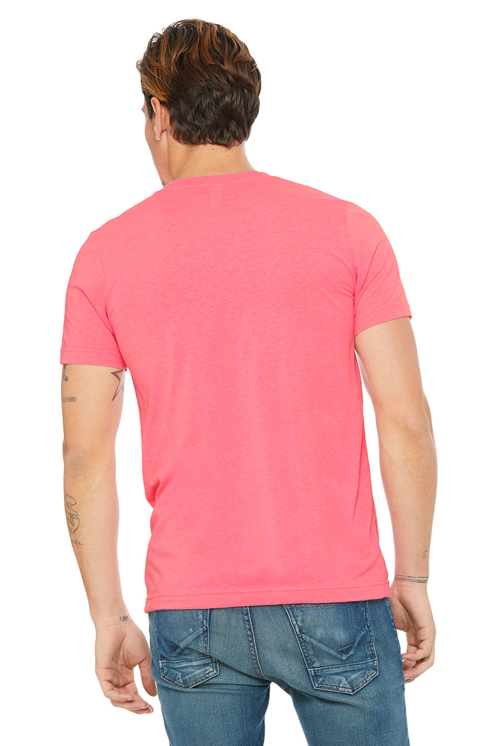 Bella + Canvas BC3005/3005/3655C Mens Jersey Short Sleeve V-Neck T-Shirt Neon Pink Model Back