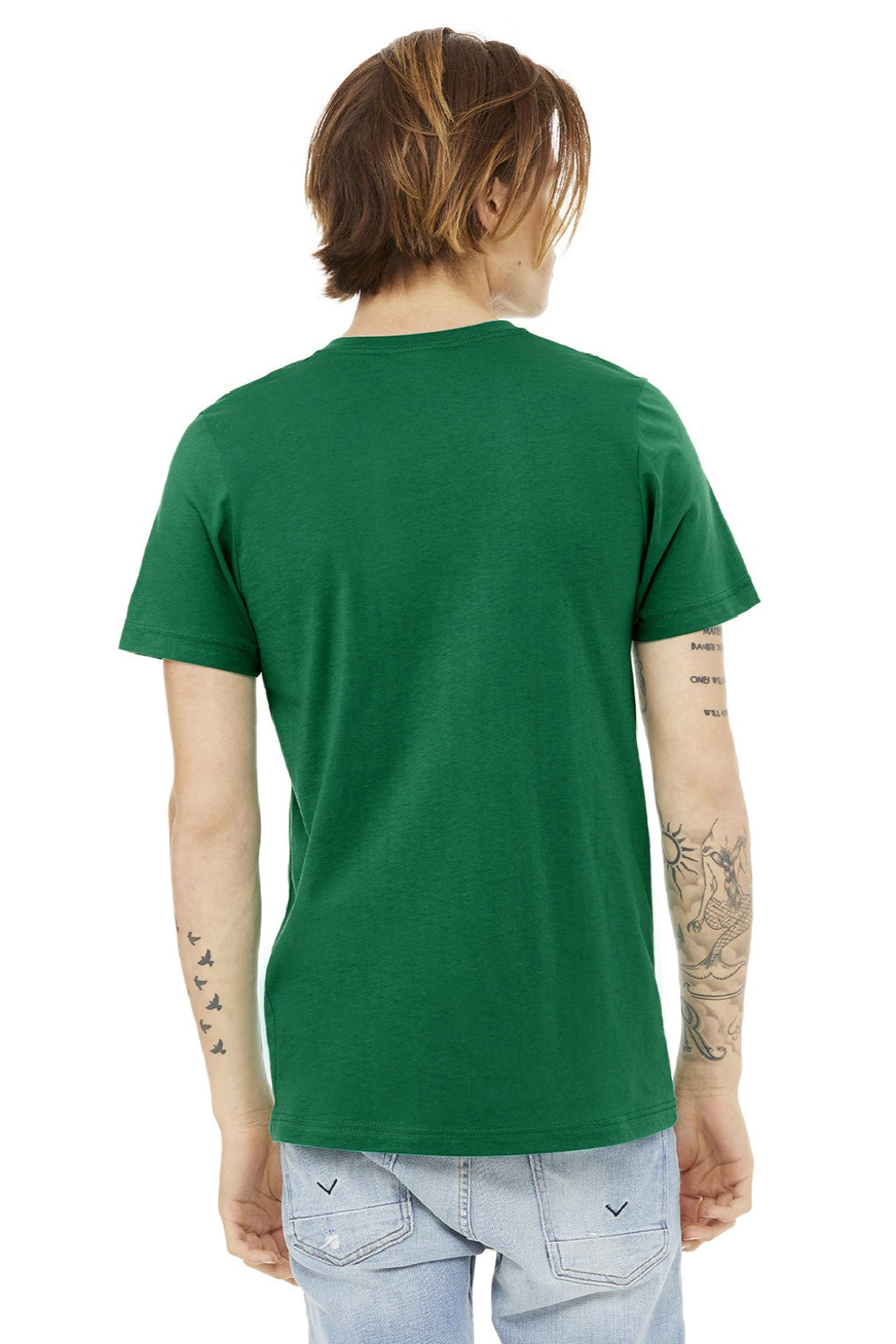 Bella + Canvas BC3005/3005 Mens Jersey Short Sleeve V-Neck T-Shirt Kelly Green Model Back