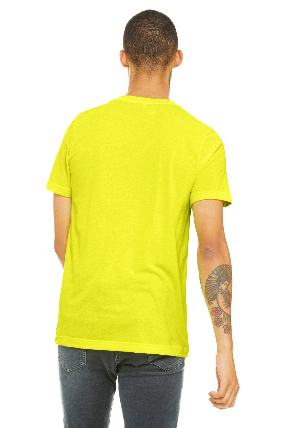 Bella + Canvas BC3005/3005/3655C Mens Jersey Short Sleeve V-Neck T-Shirt Neon Yellow Model Back