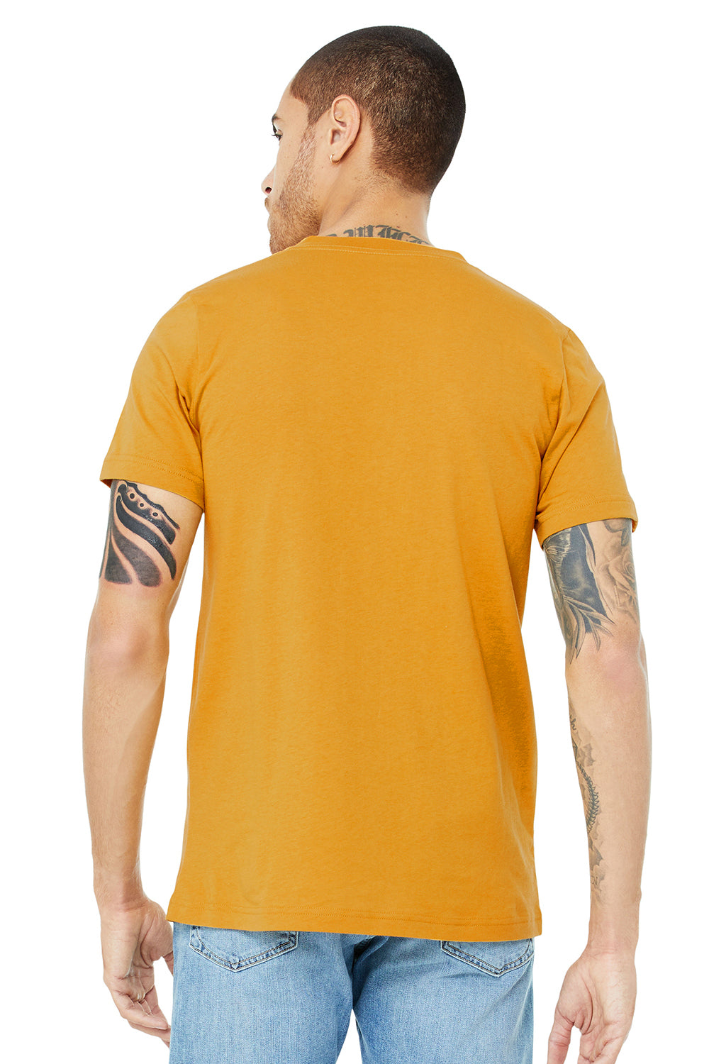 Bella + Canvas BC3005/3005/3655C Mens Jersey Short Sleeve V-Neck T-Shirt Mustard Yellow Model Back