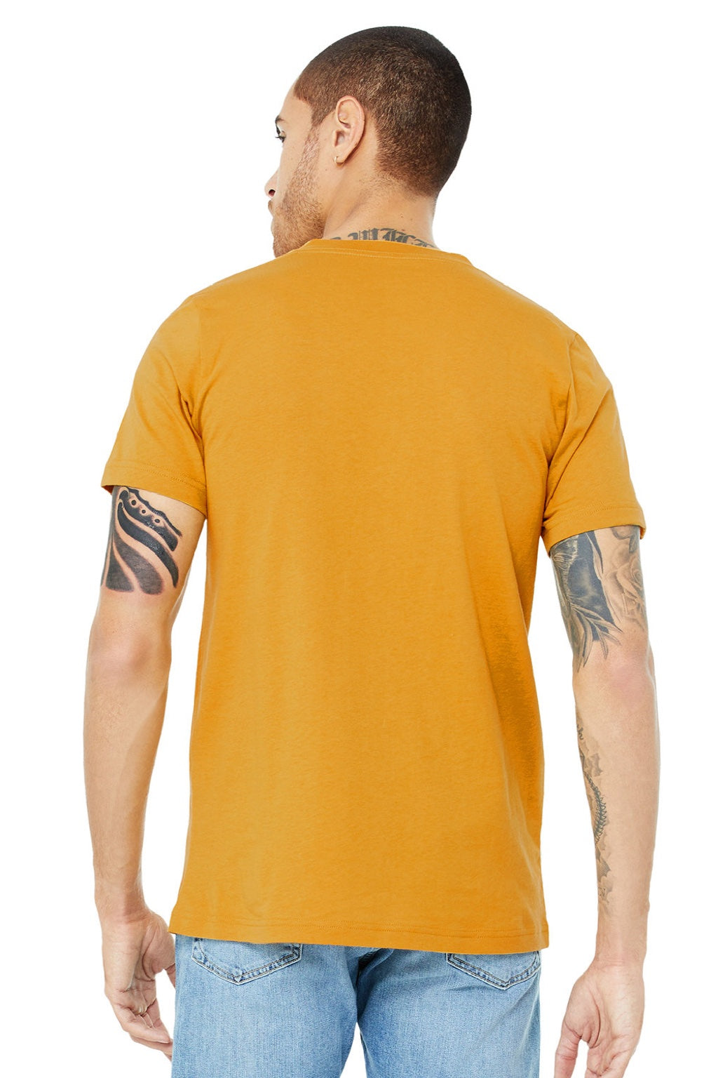 Bella + Canvas BC3005/3005 Mens Jersey Short Sleeve V-Neck T-Shirt Mustard Yellow Model Back