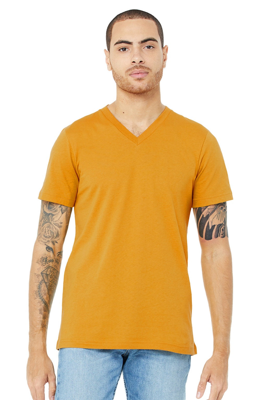 Bella + Canvas BC3005/3005 Mens Jersey Short Sleeve V-Neck T-Shirt Mustard Yellow Model Front