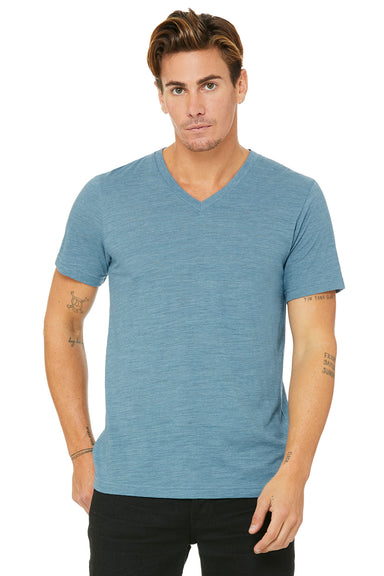 Bella + Canvas BC3005/3005/3655C Mens Jersey Short Sleeve V-Neck T-Shirt Denim Blue Slub Model Front