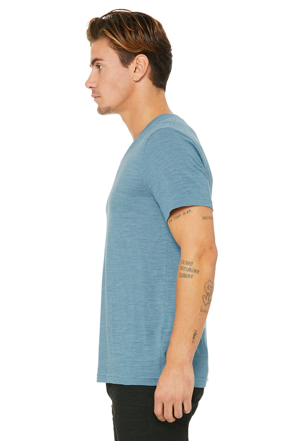 Bella + Canvas BC3005/3005/3655C Mens Jersey Short Sleeve V-Neck T-Shirt Denim Blue Slub Model Side