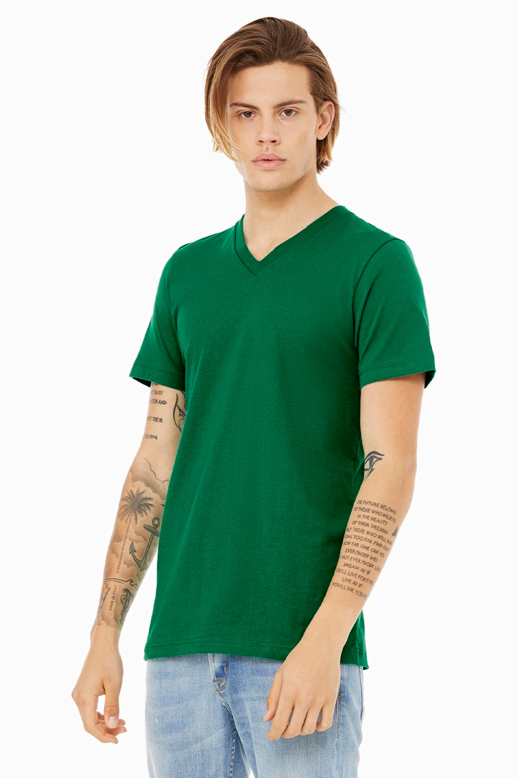 Bella + Canvas BC3005/3005 Mens Jersey Short Sleeve V-Neck T-Shirt Kelly Green Model 3Q