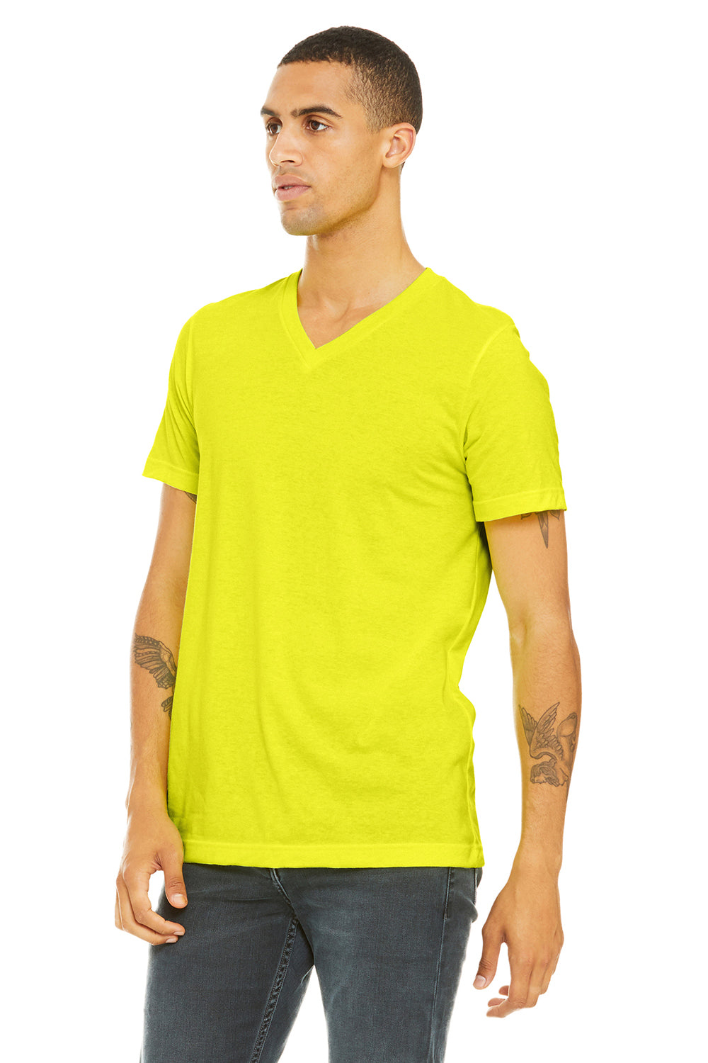 Bella + Canvas BC3005/3005/3655C Mens Jersey Short Sleeve V-Neck T-Shirt Neon Yellow Model 3Q