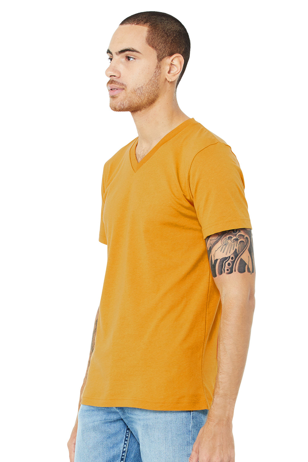 Bella + Canvas BC3005/3005/3655C Mens Jersey Short Sleeve V-Neck T-Shirt Mustard Yellow Model 3Q