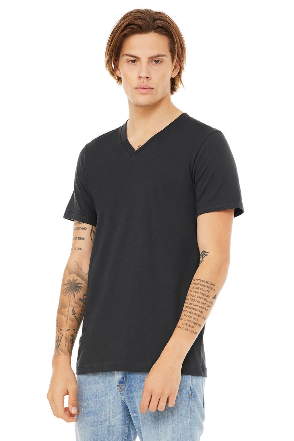 Bella + Canvas BC3005/3005 Mens Jersey Short Sleeve V-Neck T-Shirt Dark Grey Model 3Q