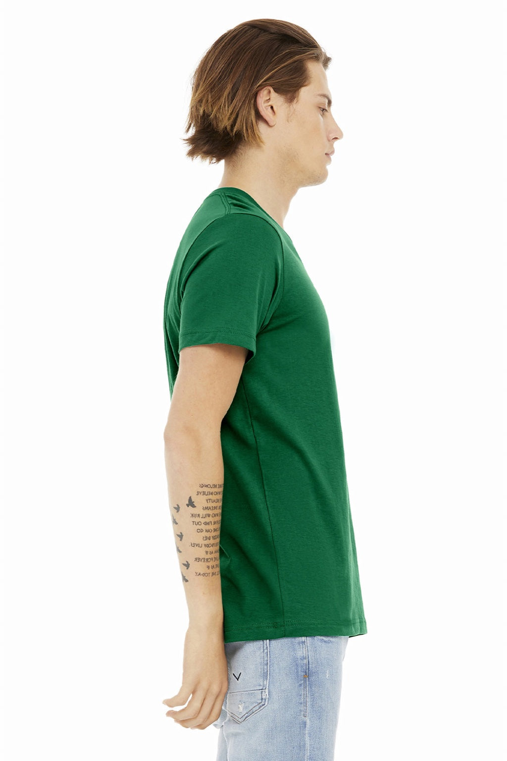 Bella + Canvas BC3005/3005 Mens Jersey Short Sleeve V-Neck T-Shirt Kelly Green Model Side