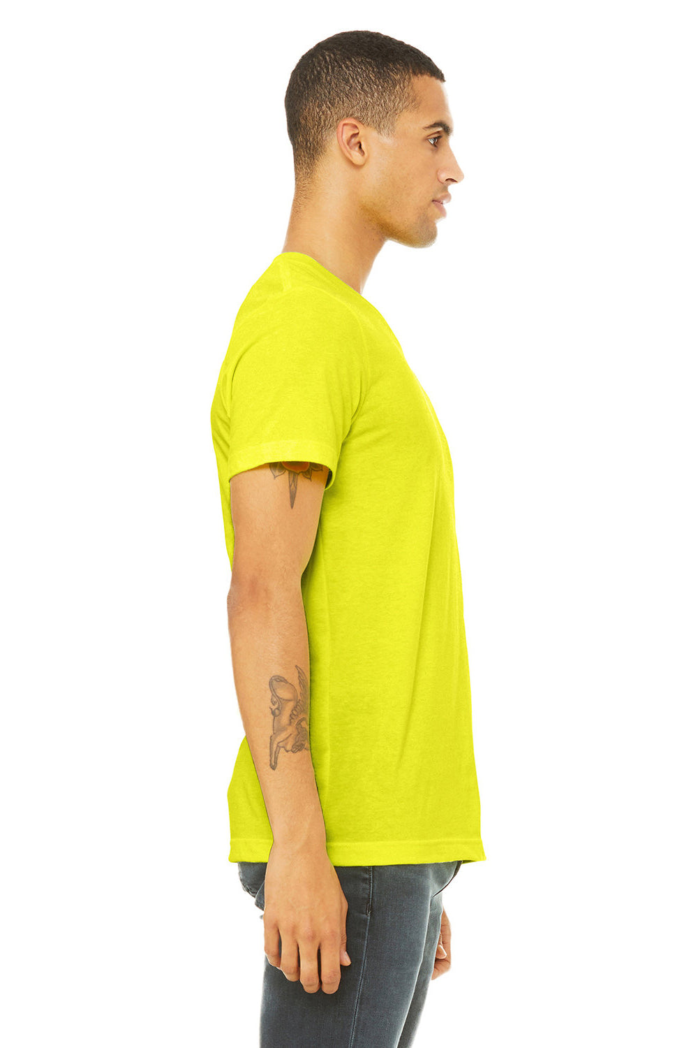 Bella + Canvas BC3005/3005/3655C Mens Jersey Short Sleeve V-Neck T-Shirt Neon Yellow Model Side