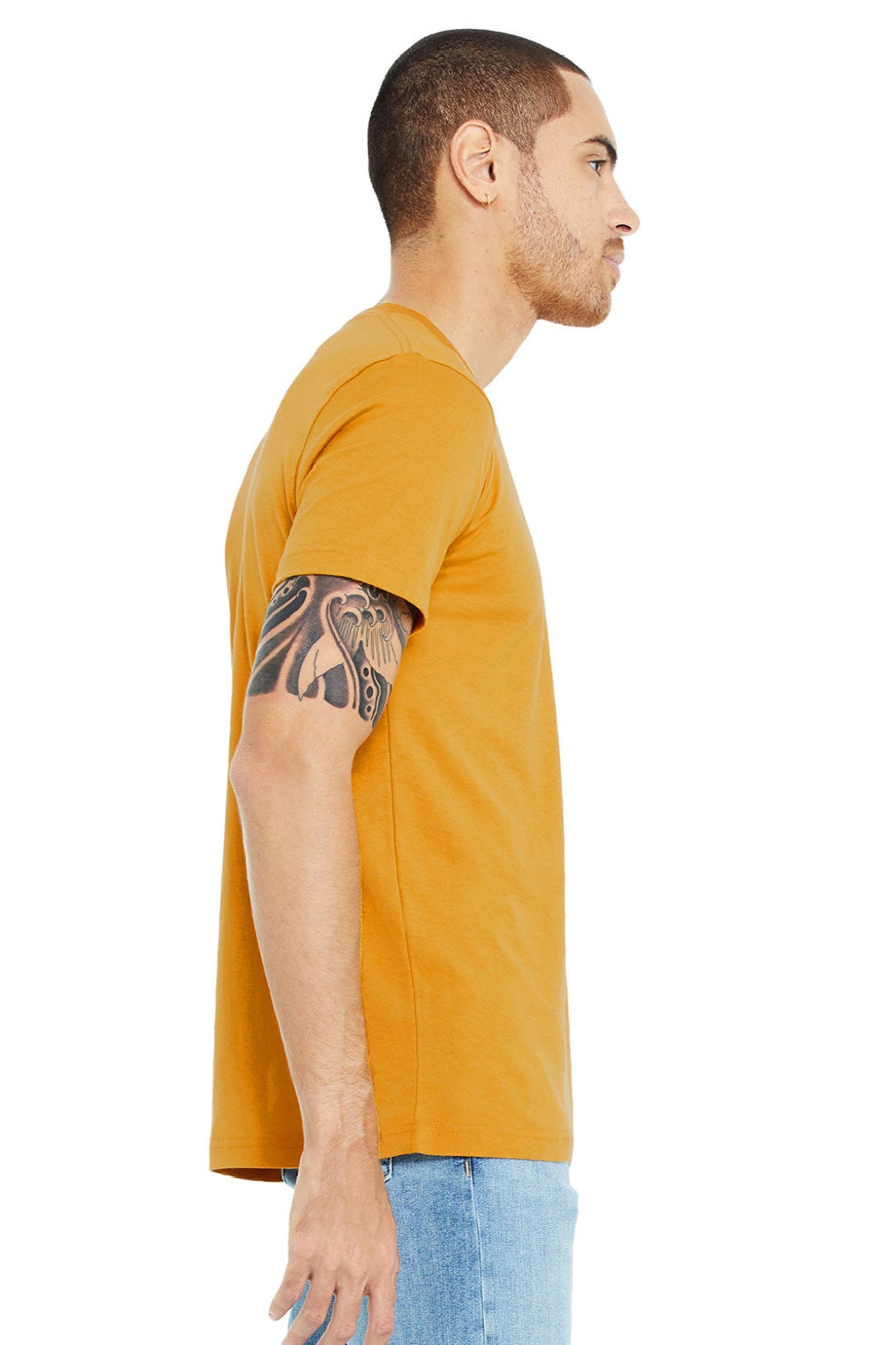 Bella + Canvas BC3005/3005 Mens Jersey Short Sleeve V-Neck T-Shirt Mustard Yellow Model Side