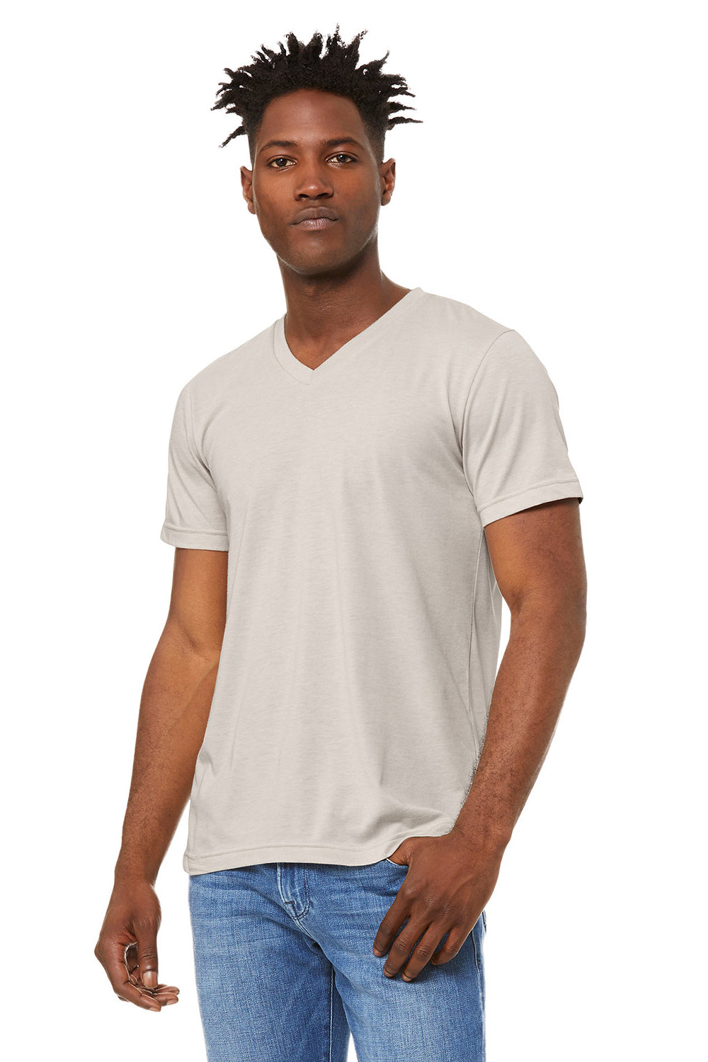 Bella + Canvas BC3005CVC Mens CVC Short Sleeve V-Neck T-Shirt Heather Dust Model Front