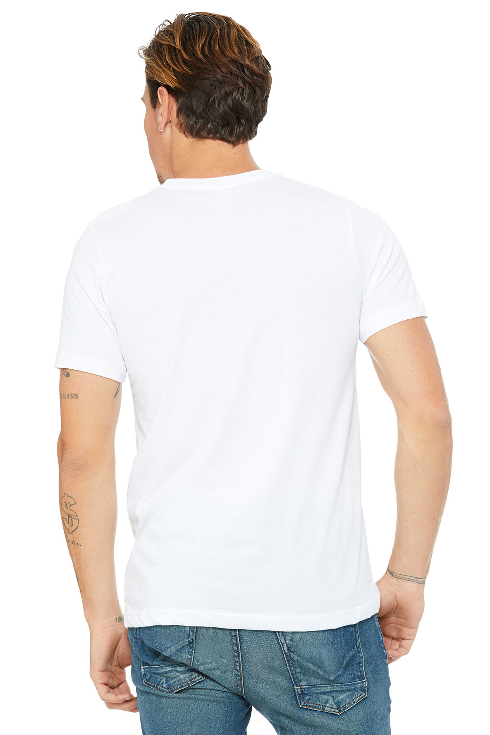 Bella + Canvas 3021 Mens Jersey Short Sleeve Crewneck T-Shirt w/ Pocket White Model Back