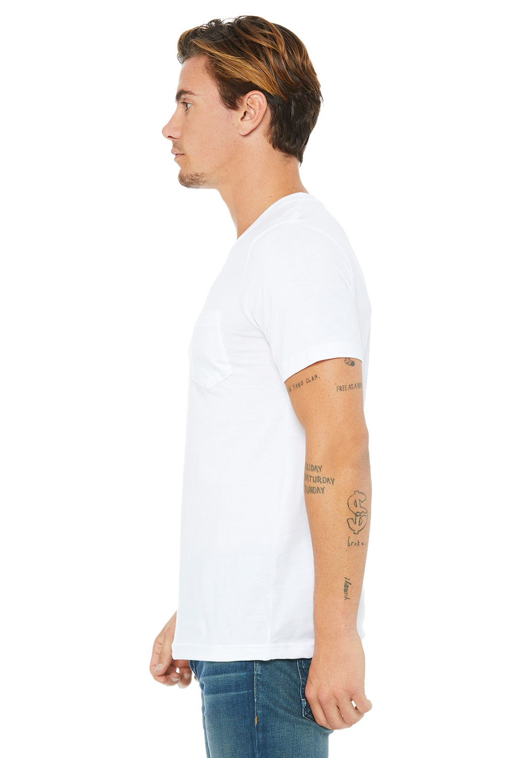 Bella + Canvas 3021 Mens Jersey Short Sleeve Crewneck T-Shirt w/ Pocket White Model Side