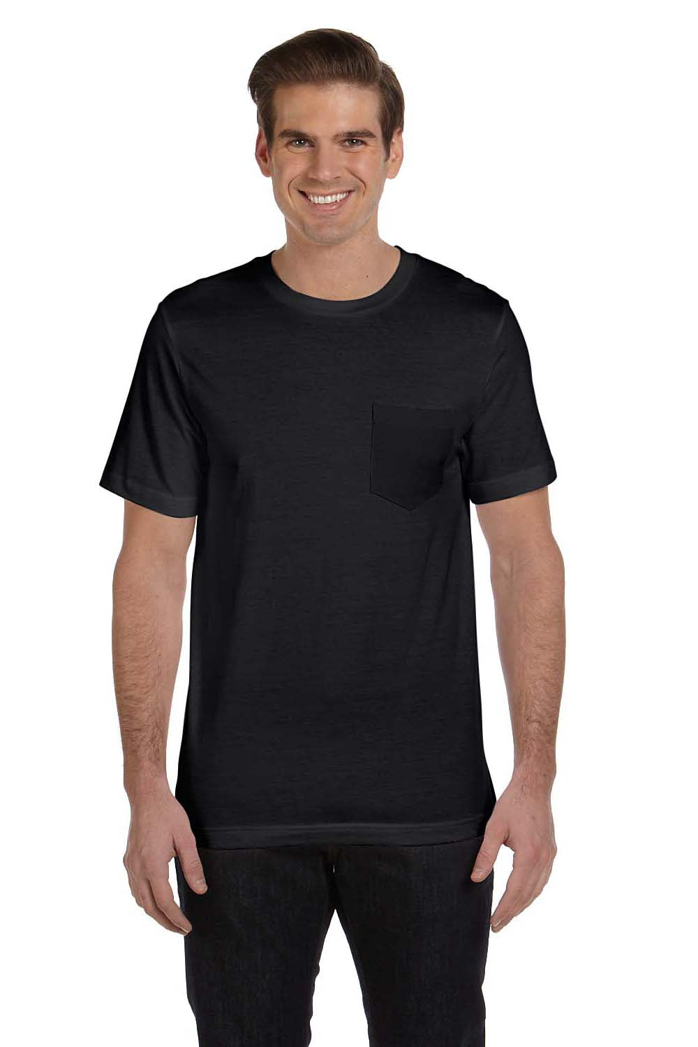 Bella + Canvas 3021 Mens Jersey Short Sleeve Crewneck T-Shirt w/ Pocket Black Model Front