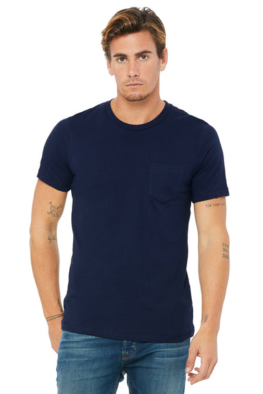 Bella + Canvas 3021 Mens Jersey Short Sleeve Crewneck T-Shirt w/ Pocket Navy Blue Model Front