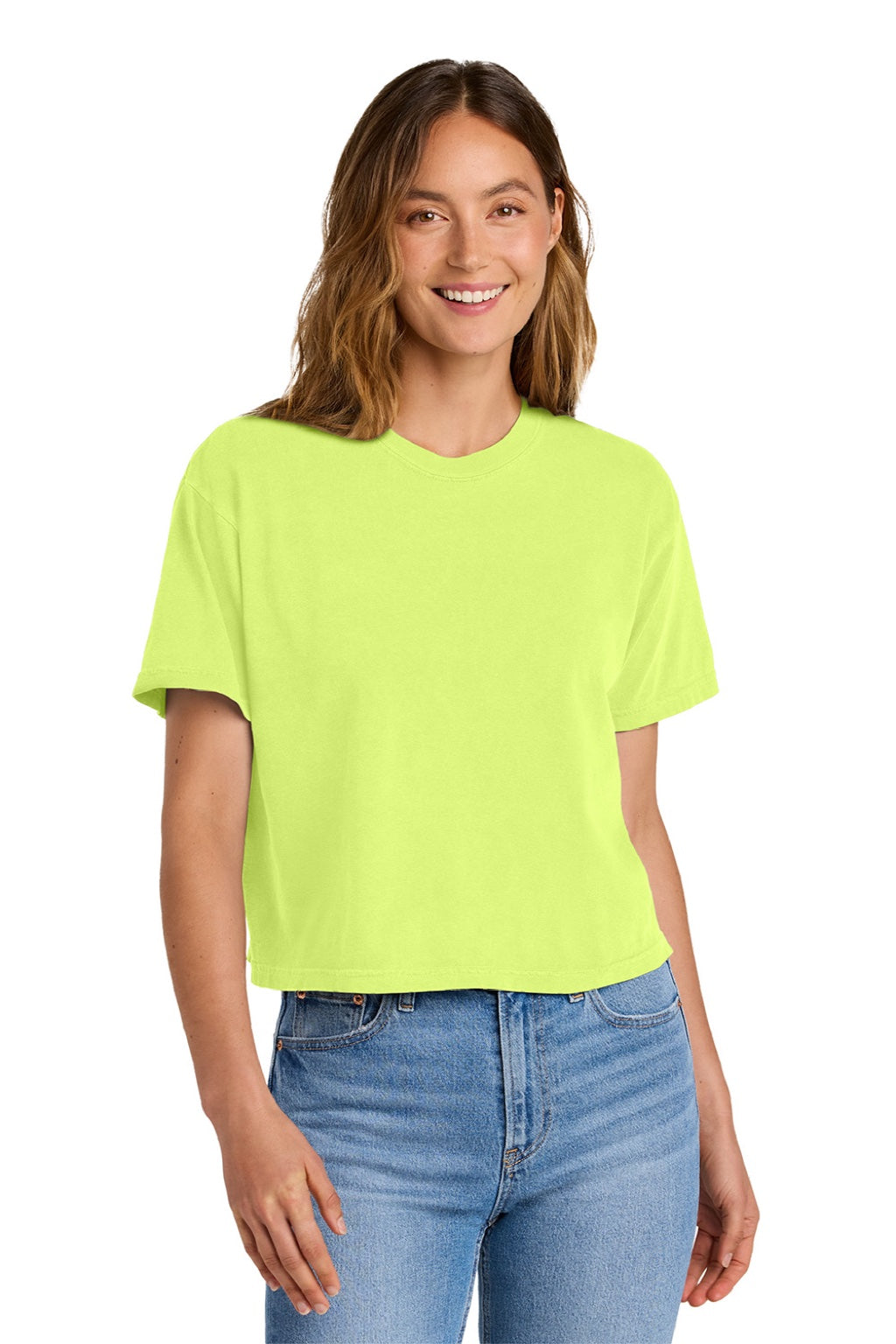 Comfort Colors 3023CL Womens Short Sleeve Crewneck T-Shirt Neon Lemon Yellow Model Front