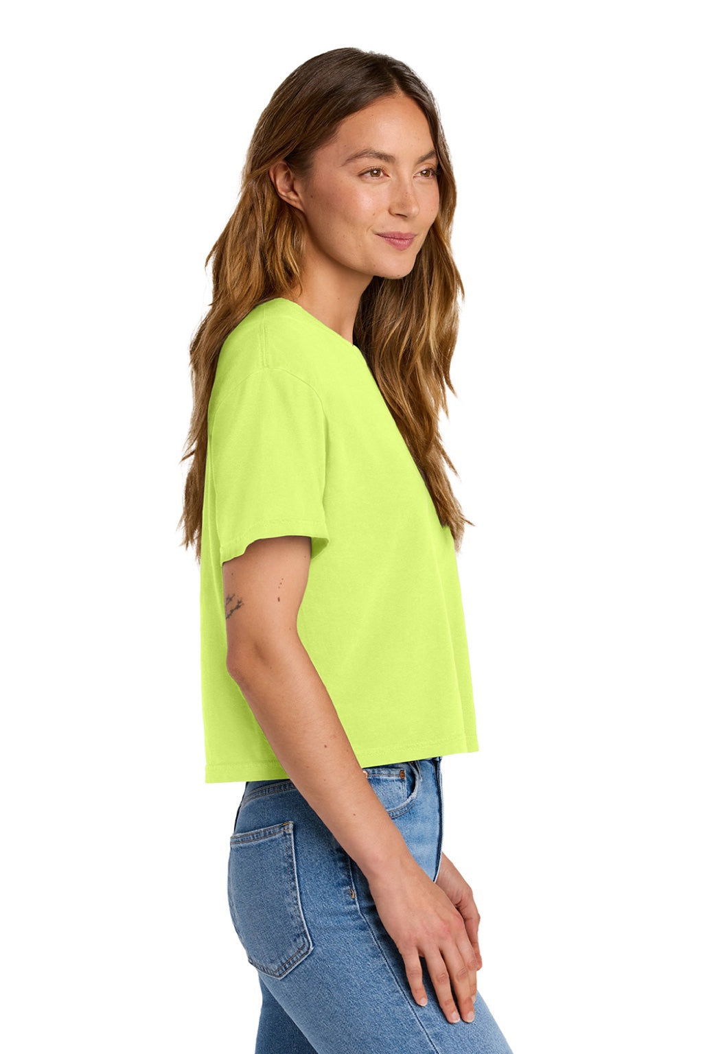 Comfort Colors 3023CL Womens Short Sleeve Crewneck T-Shirt Neon Lemon Yellow Model Side