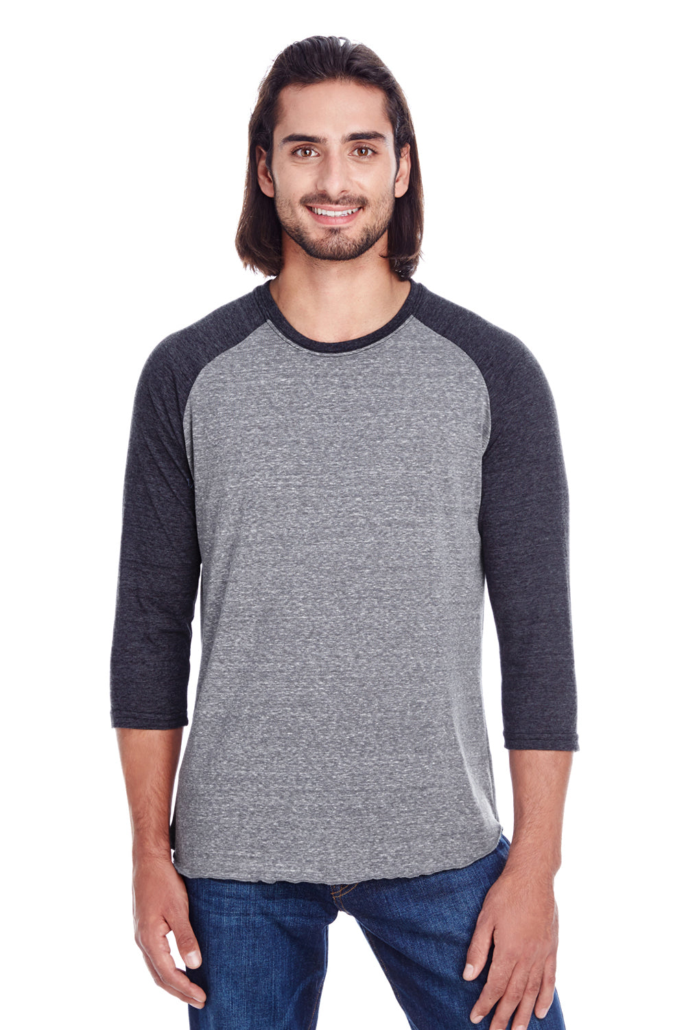 Threadfast Apparel 302G Mens 3/4 Sleeve Crewneck T-Shirt Grey/Black Model Front
