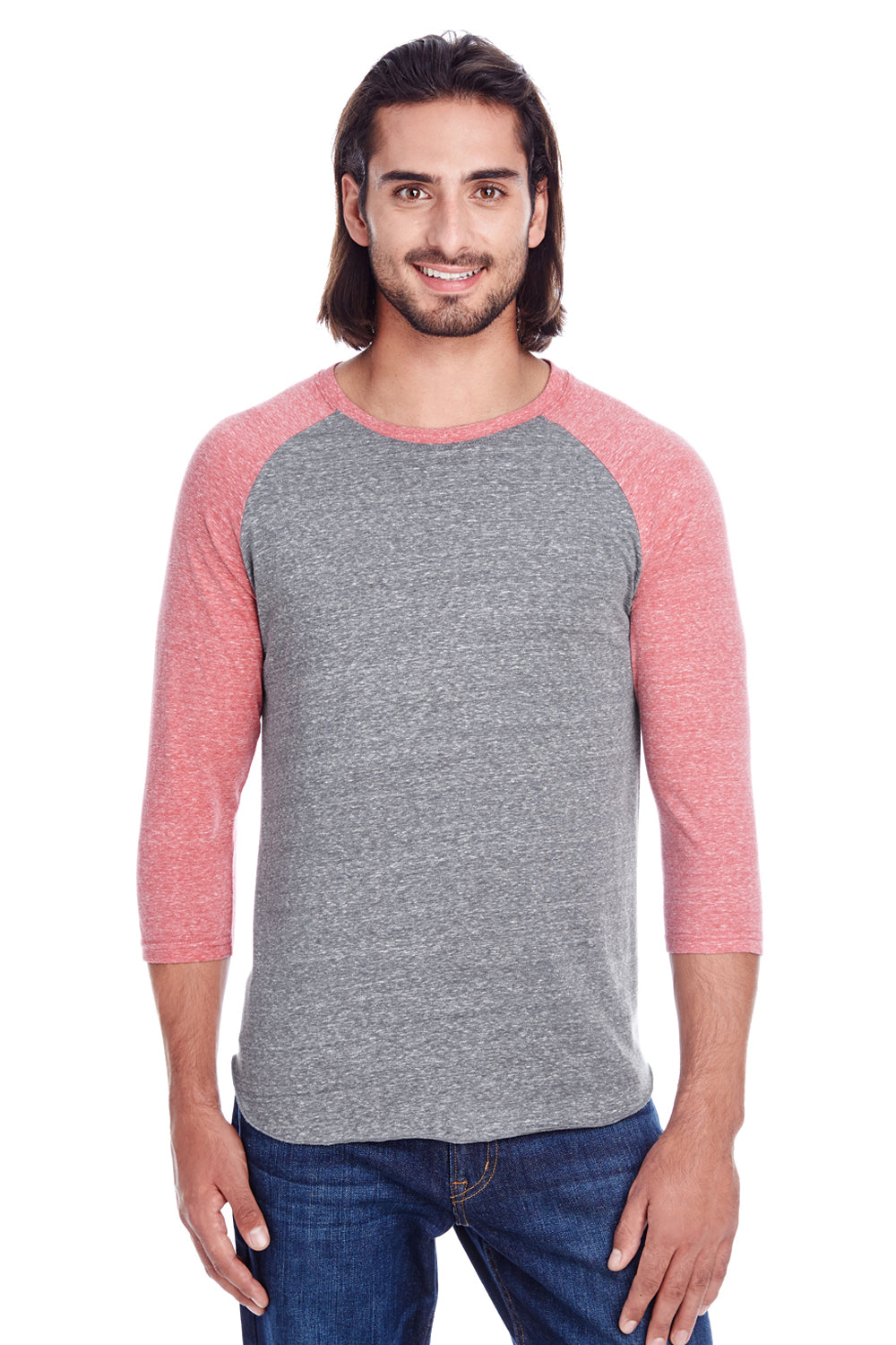 Threadfast Apparel 302G Mens 3/4 Sleeve Crewneck T-Shirt Grey/Red Model Front