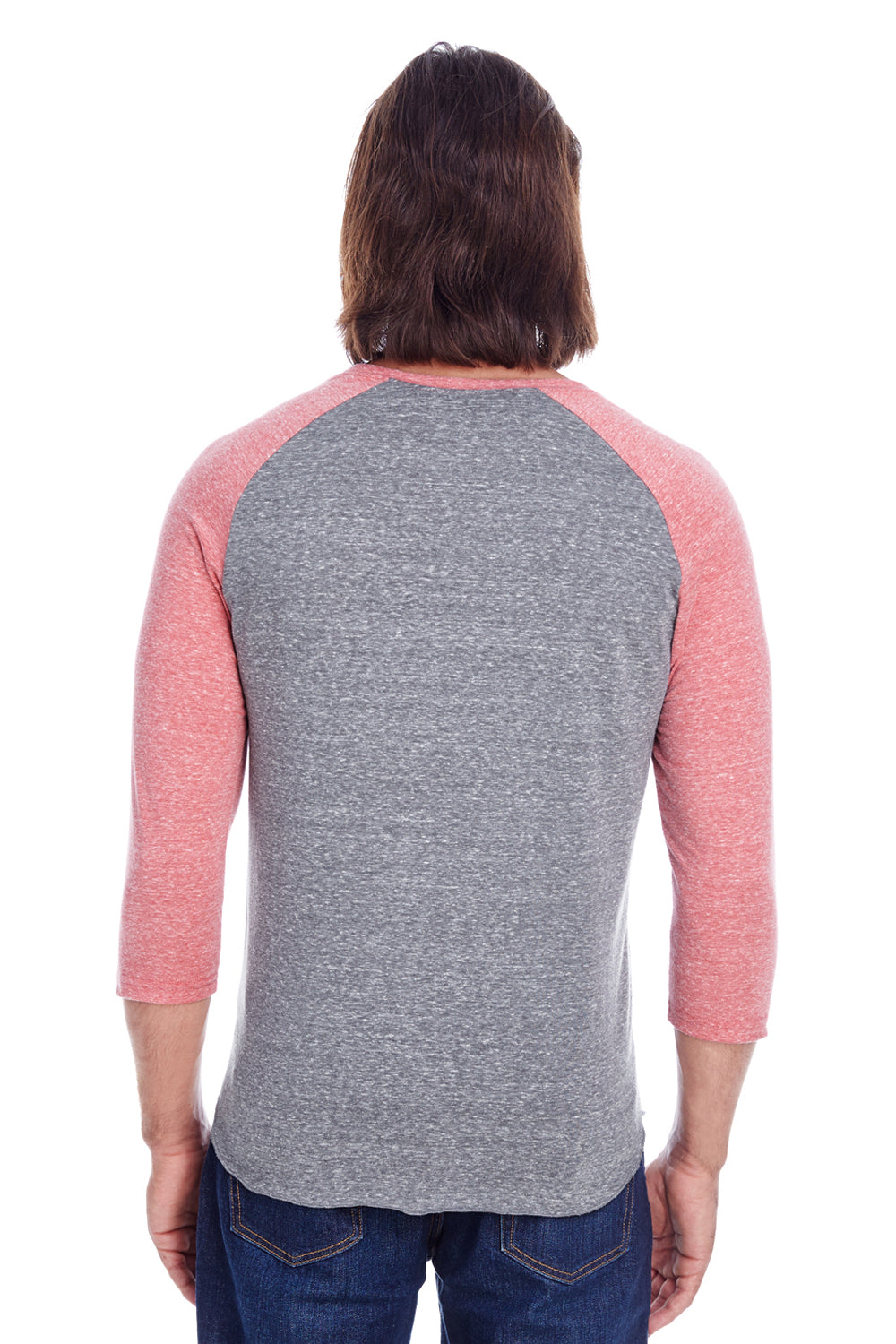 Threadfast Apparel 302G Mens 3/4 Sleeve Crewneck T-Shirt Grey/Red Model Back