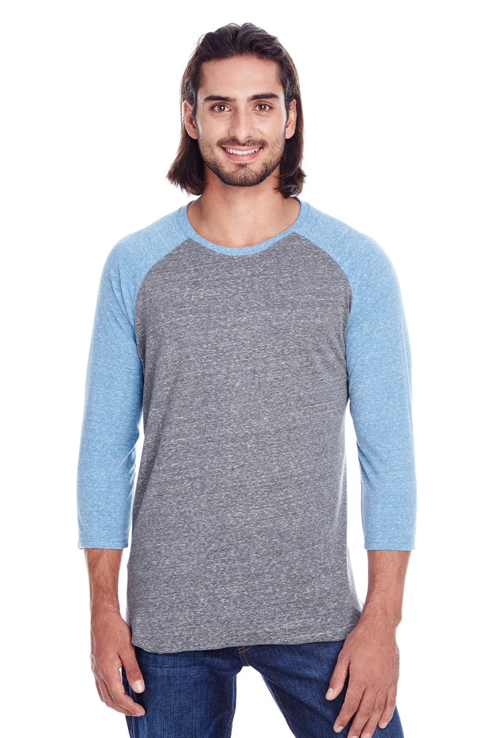 Threadfast Apparel 302G Mens 3/4 Sleeve Crewneck T-Shirt Grey/Royal Blue Model Front