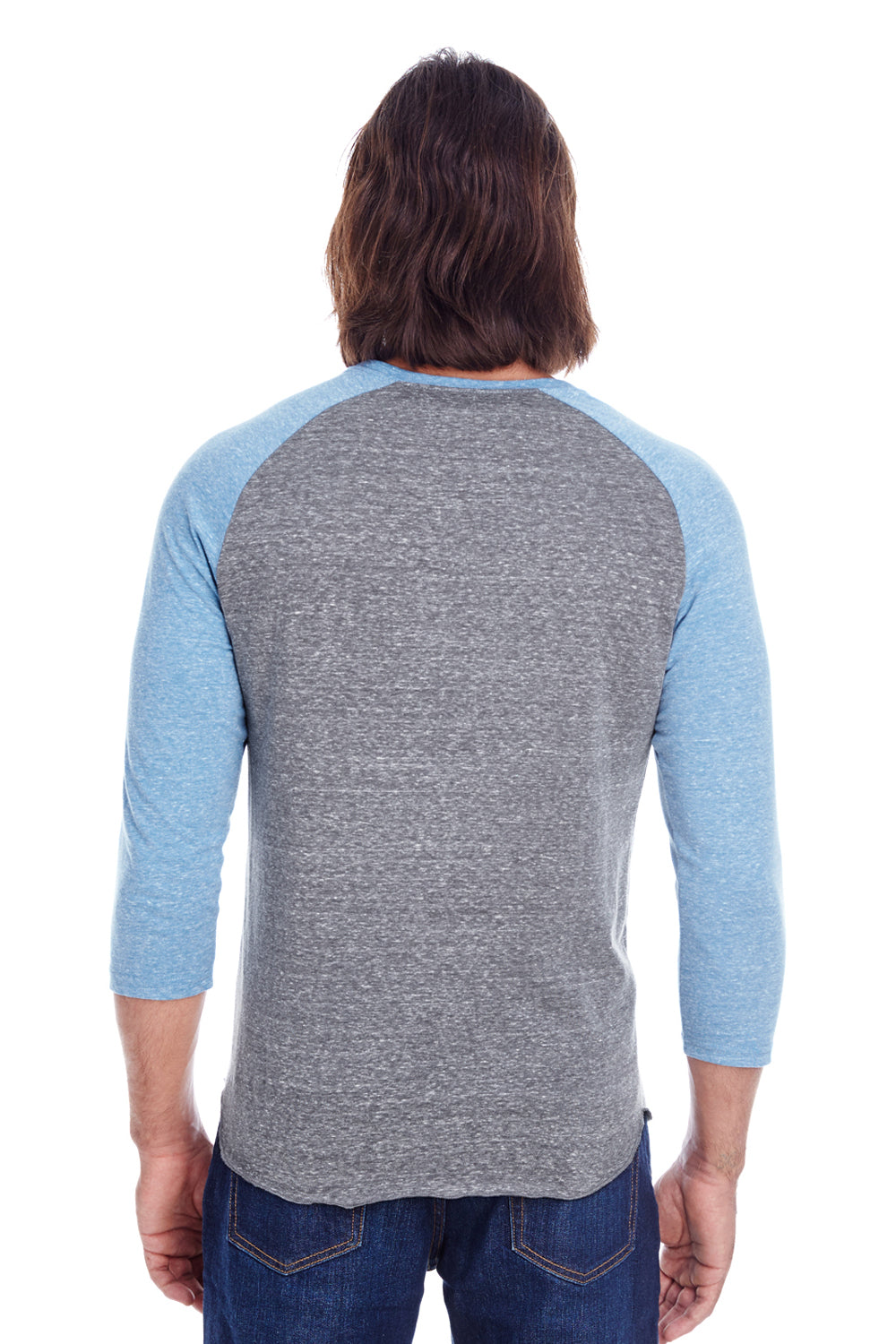 Threadfast Apparel 302G Mens 3/4 Sleeve Crewneck T-Shirt Grey/Royal Blue Model Back