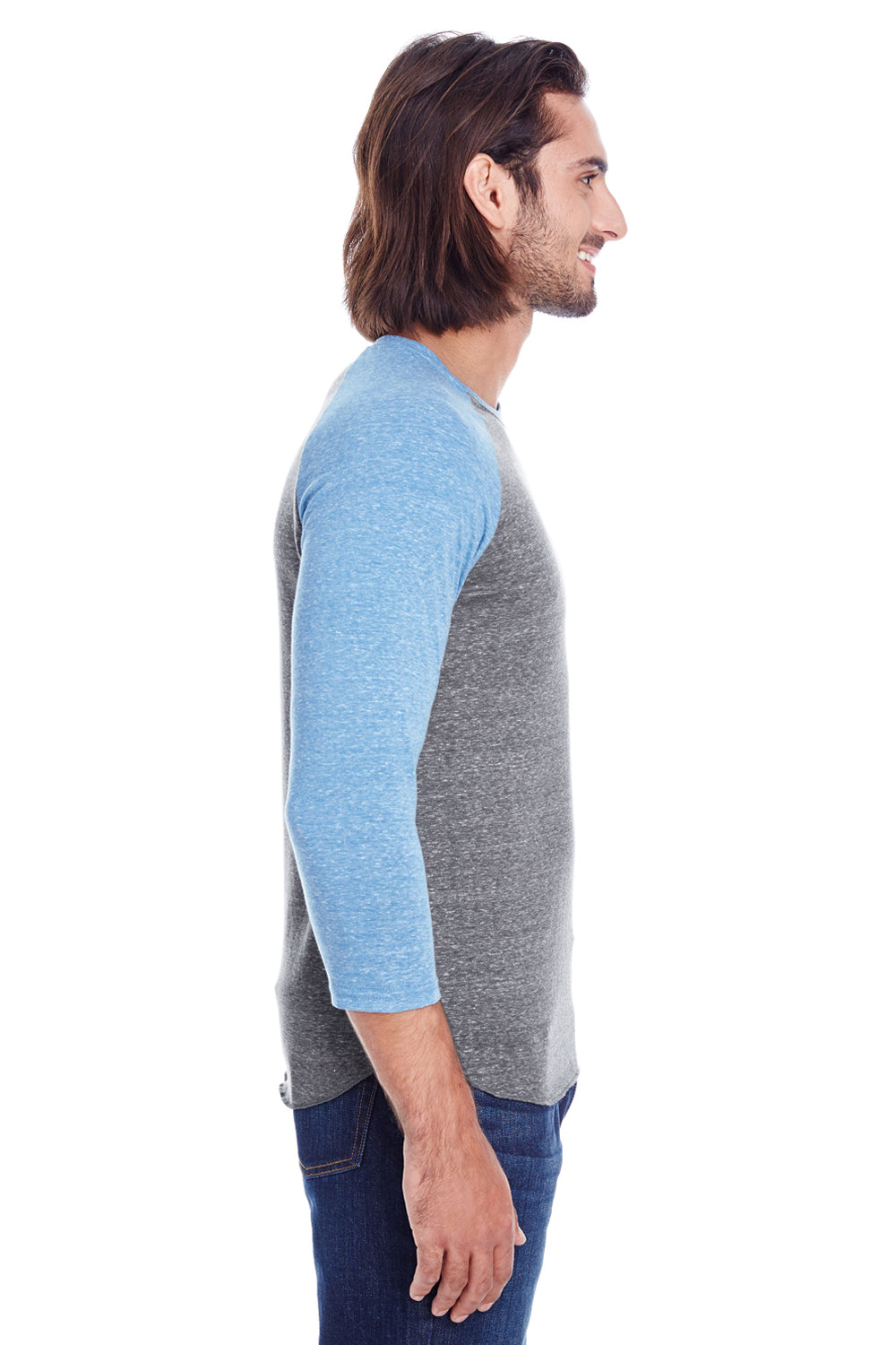 Threadfast Apparel 302G Mens 3/4 Sleeve Crewneck T-Shirt Grey/Royal Blue Model Side